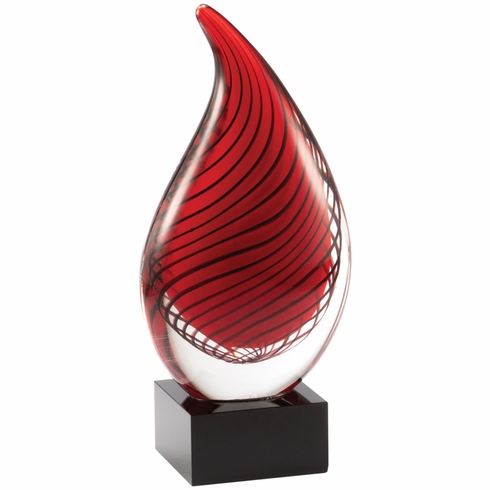 8-3/4 INCH HAND BLOWN RED GLASS TEAR DROP AWARD WITH SWIRL PATTERN ON A BLACK CRYSTAL BASE