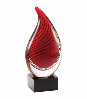 8-3/4 INCH HAND BLOWN RED GLASS TEAR DROP AWARD WITH SWIRL PATTERN ON A BLACK CRYSTAL BASE