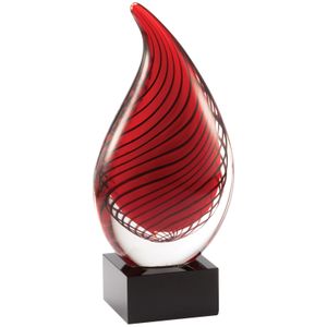 8-3/4 INCH HAND BLOWN RED GLASS TEAR DROP AWARD WITH SWIRL PATTERN ON A BLACK CRYSTAL BASE