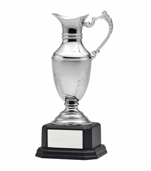 8-3/4 INCH NICKEL PLATED POLISHED SILVER CLARET JUG CUP ON BLACK BASE