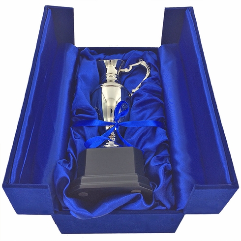 8-3/4 INCH NICKEL PLATED POLISHED SILVER CLARET JUG CUP ON BLACK BASE