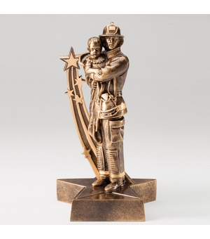 8-3/4" RESIN FIREMAN WITH CHILD IN ANTIQUE GOLD FINISH