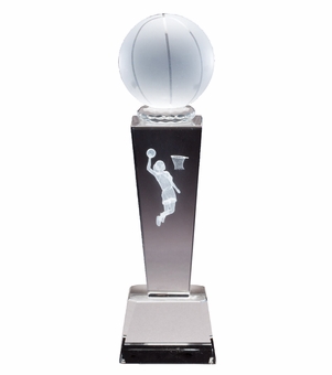8 3/4" x 2 1/2" CRYSTAL FEMALE BASKETBALL TROPHY WITH LASER ENGRAVED FIGURE INSIDE CRYSTAL