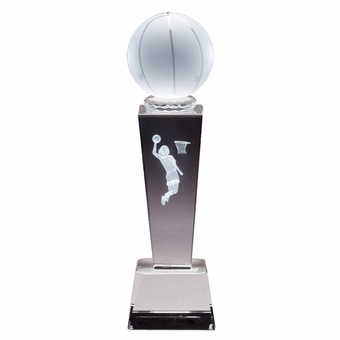 8 3/4" x 2 1/2" CRYSTAL FEMALE BASKETBALL TROPHY WITH LASER ENGRAVED FIGURE INSIDE CRYSTAL