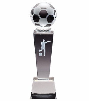 8 3/4" x 2 1/2" CRYSTAL FEMALE SOCCER TROPHY WITH LASER ENGRAVED FIGURE INSIDE CRYSTAL