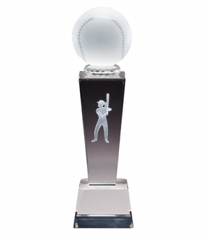 8 3/4" x 2 1/2" CRYSTAL FEMALE SOFTBALL TROPHY WITH LASER ENGRAVED FIGURE INSIDE CRYSTAL