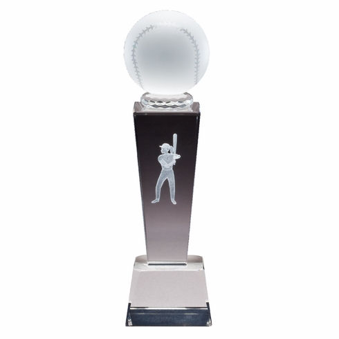 8 3/4" x 2 1/2" CRYSTAL FEMALE SOFTBALL TROPHY WITH LASER ENGRAVED FIGURE INSIDE CRYSTAL