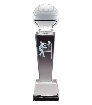 8 3/4" x 2 1/2" CRYSTAL FEMALE VOLLEYBALL TROPHY WITH LASER ENGRAVED FIGURE INSIDE CRYSTAL