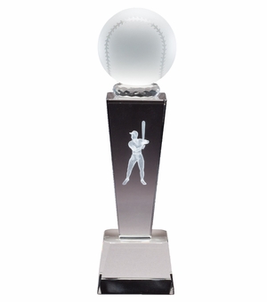 8 3/4" x 2 1/2" CRYSTAL MALE BASEBALL TROPHY WITH LASER ENGRAVED FIGURE INSIDE CRYSTAL