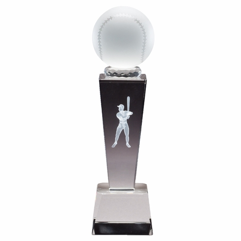 8 3/4" x 2 1/2" CRYSTAL MALE BASEBALL TROPHY WITH LASER ENGRAVED FIGURE INSIDE CRYSTAL