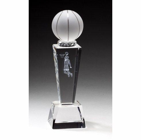 8 3/4" x 2 1/2" CRYSTAL MALE BASKETBALL TROPHY WITH LASER ENGRAVED FIGURE INSIDE CRYSTAL