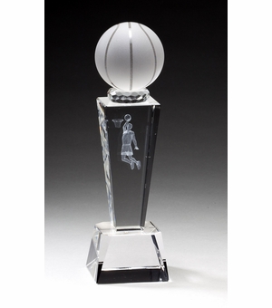 8 3/4" x 2 1/2" CRYSTAL MALE BASKETBALL TROPHY WITH LASER ENGRAVED FIGURE INSIDE CRYSTAL