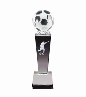 8 3/4" x 2 1/2" CRYSTAL MALE SOCCER TROPHY WITH LASER ENGRAVED FIGURE INSIDE CRYSTAL
