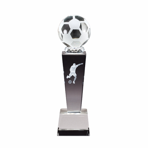 8 3/4" x 2 1/2" CRYSTAL MALE SOCCER TROPHY WITH LASER ENGRAVED FIGURE INSIDE CRYSTAL