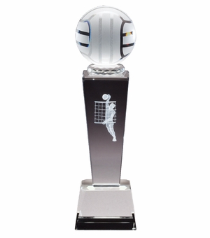 8 3/4" x 2 1/2" CRYSTAL MALE VOLLEYBALL TROPHY LASER ENGRAVED FIGURE INSIDE CRYSTAL