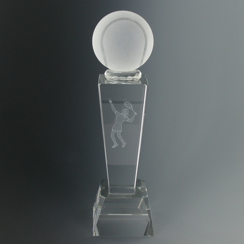 8-3/4 X 2-1/2 INCH OPTICAL CRYSTAL FEMALE TENNIS TROPHY WITH BALL