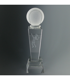8-3/4 X 2-1/2 INCH OPTICAL CRYSTAL FEMALE TENNIS TROPHY WITH BALL
