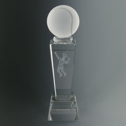 8-3/4 X 2-1/2 INCH OPTICAL CRYSTAL MALE TENNIS TROPHY WITH BALL