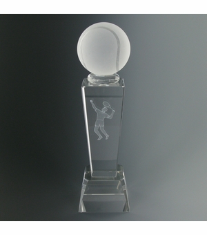 8-3/4 X 2-1/2 INCH OPTICAL CRYSTAL MALE TENNIS TROPHY WITH BALL