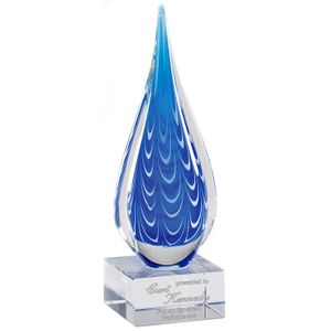 10 INCH ART BLUE ACCENTS GLASS SCULPTURE AWARD HAND BLOWN TEAR SHAPE GLASS