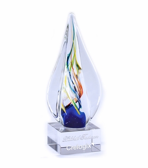 8-3/4" x 3" x 1" ART MULTI-COLOR GLASS SCULPTURE AWARD HAND BLOWN TEAR SHAPE GLASS