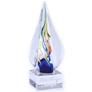 8-3/4" x 3" x 1" ART MULTI-COLOR GLASS SCULPTURE AWARD HAND BLOWN TEAR SHAPE GLASS