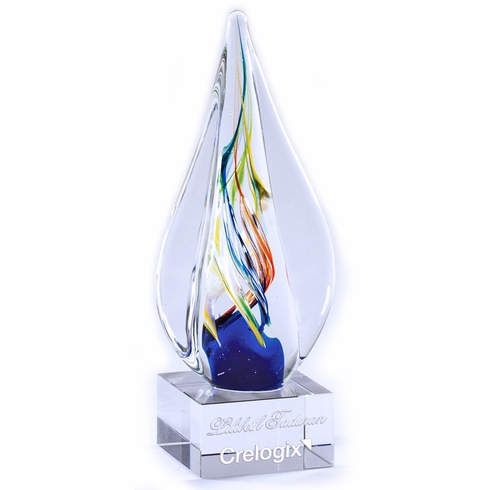 8-3/4" x 3" x 1" ART MULTI-COLOR GLASS SCULPTURE AWARD HAND BLOWN TEAR SHAPE GLASS