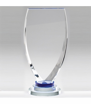 8-3/4 X 4-1/2 INCH OPTICAL CRYSTAL SHIELD AWARD WITH 3 RINGS BASE BLUE TINT