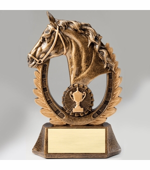 8" ANTIQUE BRASS RESIN HORSE HEAD TROPHY WITH CUP EMBLEM IN BRASS FINISH