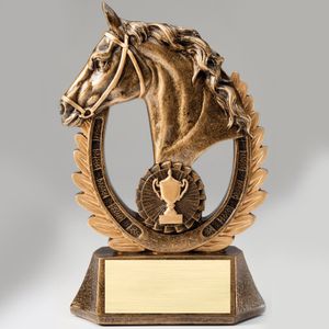 8" ANTIQUE BRASS RESIN HORSE HEAD TROPHY WITH CUP EMBLEM IN BRASS FINISH