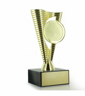 8" BRIGHT DIE CAST METAL RISER TROPHY HOLDS 2" MEDALLION INSERT ON BLACK MARBLE BASE