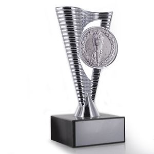 8" BRIGHT DIE CAST METAL RISER TROPHY HOLDS 2" MEDALLION INSERT ON BLACK MARBLE BASE