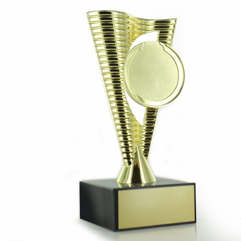 8" BRIGHT DIE CAST METAL RISER TROPHY HOLDS 2" MEDALLION INSERT ON BLACK MARBLE BASE