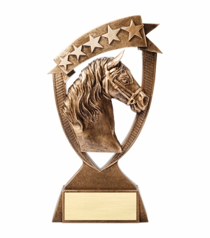 8 INCH ANTIQUE GOLD BANNER HORSE WITH STAR RESIN TROPHY