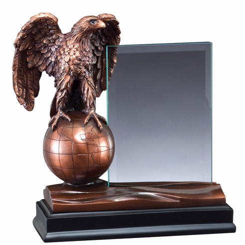 8 INCH ELECTROPLATED BRONZE EAGLE ON GLOBE WITH 4 X 6 INCH GLASS TROPHY