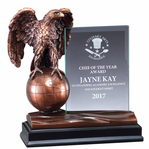 8 INCH ELECTROPLATED BRONZE EAGLE ON GLOBE WITH 4 X 6 INCH GLASS TROPHY