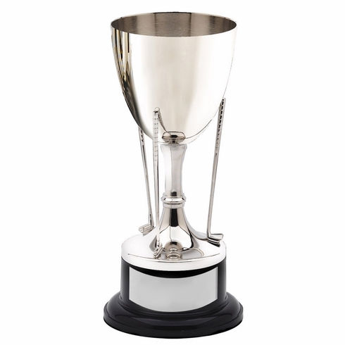8 INCH NICKEL POLISHED GOLF CUP TROPHY 3 CLUBS ON BLACK BASE