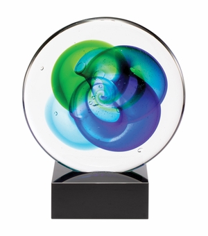 8 INCH ROUND HAND BLOWN BLUE AND GREEN GLASS AWARD WITH SWIRL PATTERN ON A BLACK CRYSTAL BASE