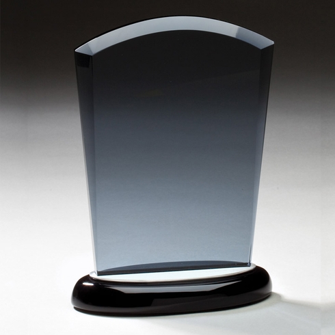 8 INCH SMOKED GLASS AWARD ON BLACK BASE WITH ALUMINUM ACCENTS
