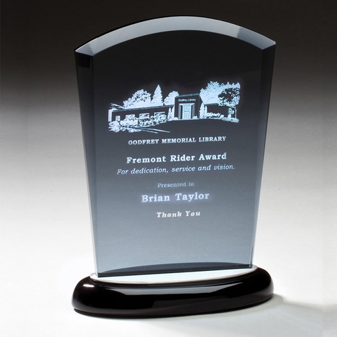 8 INCH SMOKED GLASS AWARD ON BLACK BASE WITH ALUMINUM ACCENTS