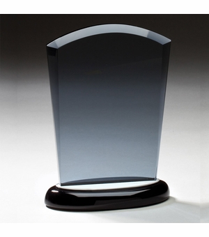 8 INCH SMOKED GLASS AWARD ON BLACK BASE WITH ALUMINUM ACCENTS
