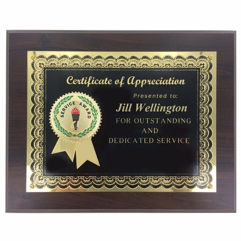 8" x 10" CERTICATE OF APPRECIATION PLAQUE YEARS OF SERVICE WITH 2" ETCHED ENAMEL INSERT