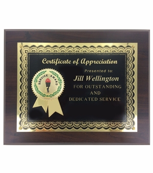 8" x 10" CERTICATE OF APPRECIATION PLAQUE YEARS OF SERVICE WITH 2" ETCHED ENAMEL INSERT