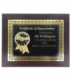 8" x 10" CERTIFICATE OF APPRECIATION PLAQUE SPECIAL THANKS WITH 2" ETCHED ENAMEL INSERT