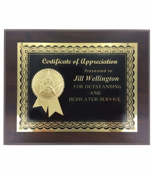 8" x 10" CERTIFICATE OF APPRECIATION PLAQUE SPECIAL THANKS WITH 2" ETCHED ENAMEL INSERT
