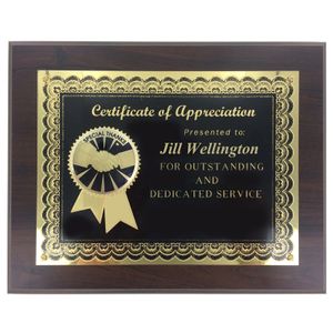 8" x 10" CERTIFICATE OF APPRECIATION PLAQUE SPECIAL THANKS WITH 2" ETCHED ENAMEL INSERT