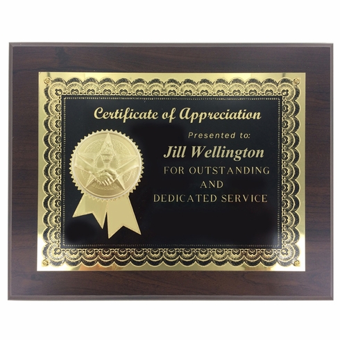 8" x 10" CERTIFICATE OF APPRECIATION PLAQUE SPECIAL THANKS WITH 2" ETCHED ENAMEL INSERT