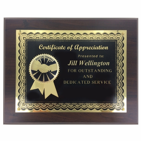 8" x 10" CERTIFICATE OF APPRECIATION PLAQUE SPECIAL THANKS WITH 2" ETCHED ENAMEL INSERT