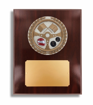 8 X 10" DARK CHERRY WALNUT FINISH PLAQUE HOLDS 4" AUTO RACING STONE CAST EMBLEM