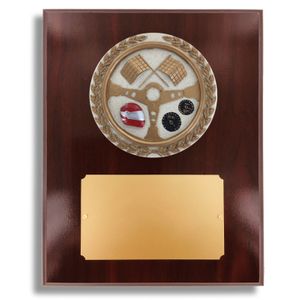 8 X 10" DARK CHERRY WALNUT FINISH PLAQUE HOLDS 4" AUTO RACING STONE CAST EMBLEM